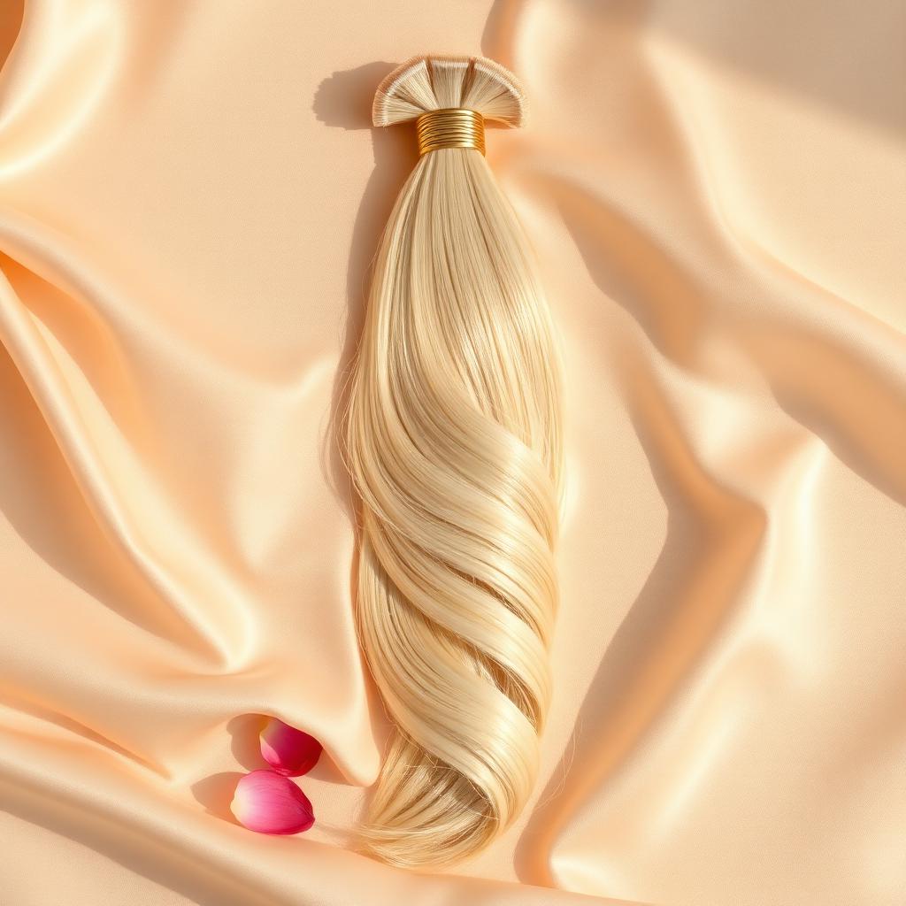 Premium LYDIZE hair extension bundle arranged on soft champagne fabric.