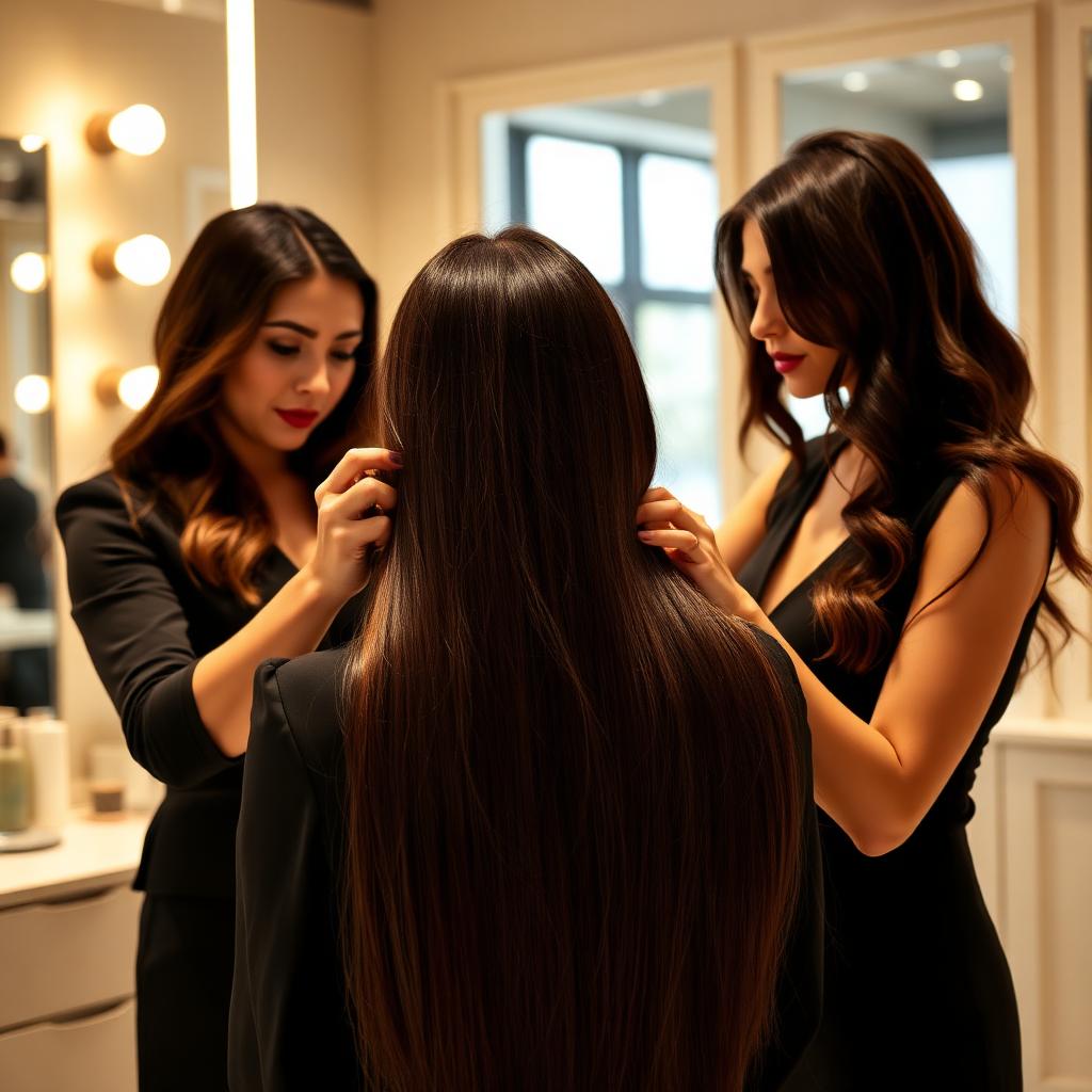 Professional stylist working with a client's long hair in a luxury salon setting.